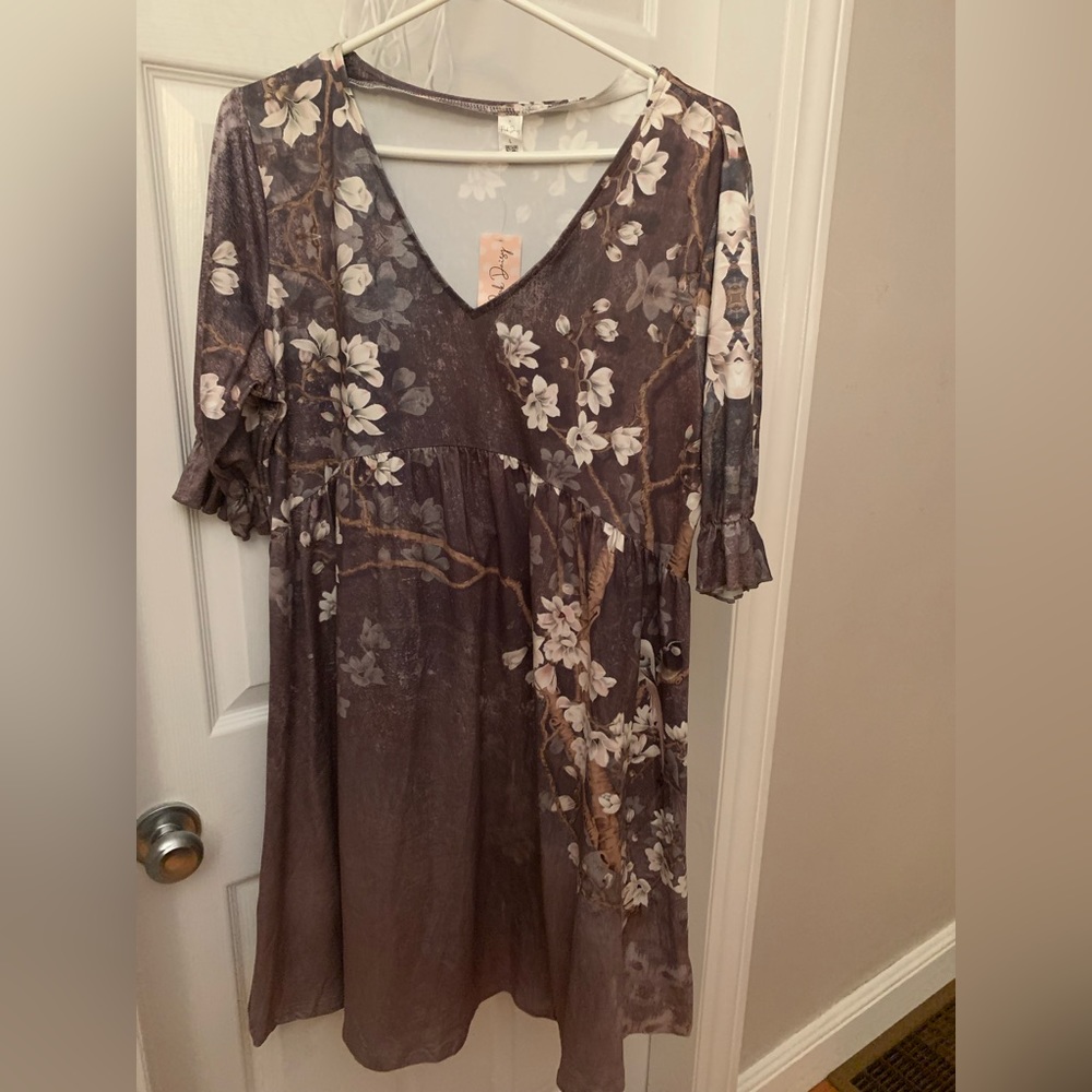 Pink Daisy L Dress - Floral Gray And Brown Dress